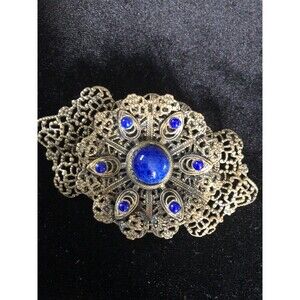 Vintage Gold Blue Stone Art Deco Filigree Brooch Pin